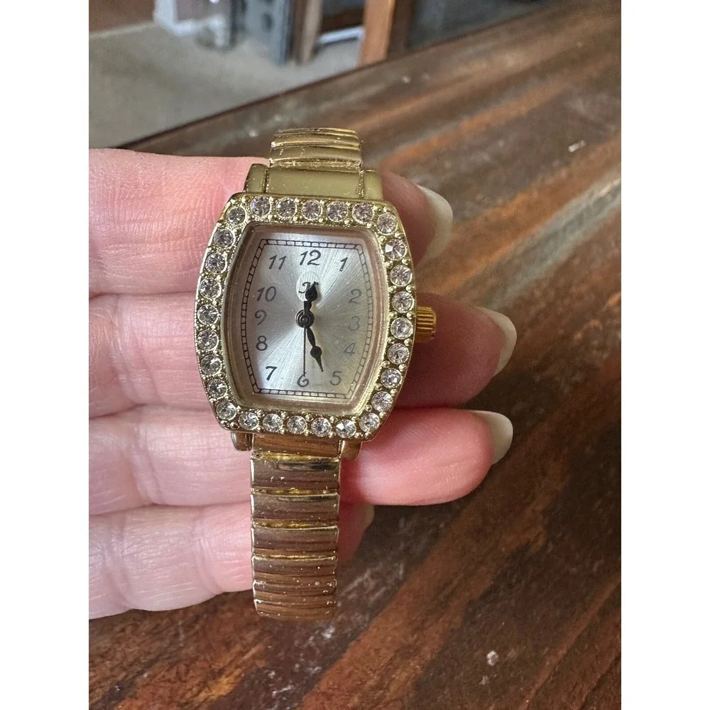 Analog Watch Rhinestone Bezel Quartz Gold Stainless‎ Steel Flex Band WORKING